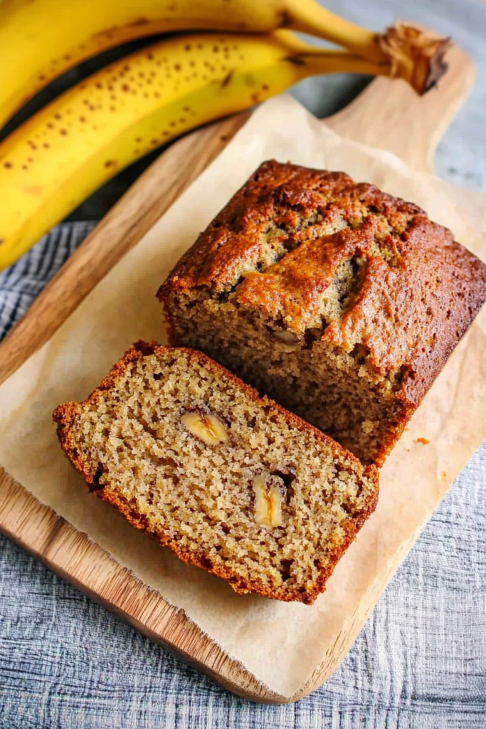 Golden-brown loaf of banana bread, partially sliced to reveal its moist, speckled interior.