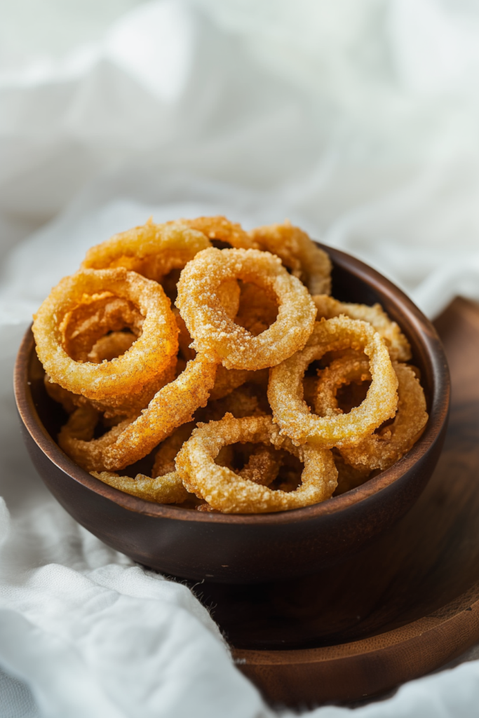 Final dish of fried banana peppers, styled simply on a light cloth for a homemade feel.