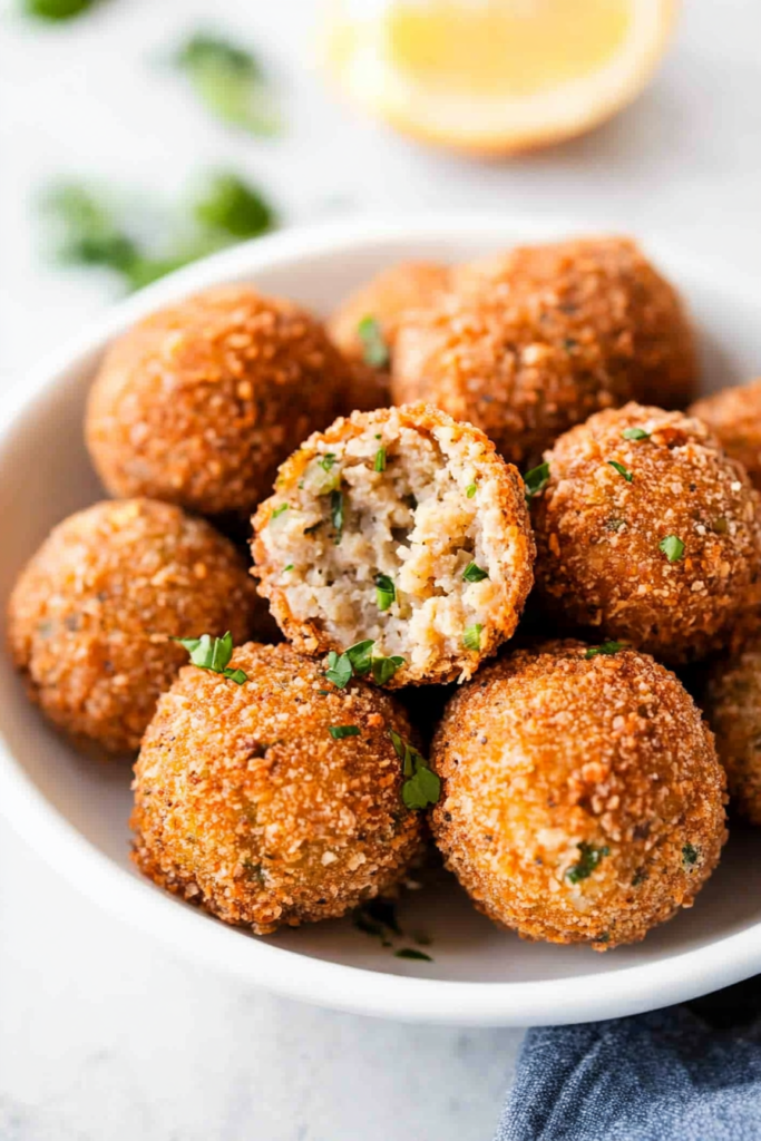 Air Fryer boudin balls recipe plated and ready to enjoy, highlighting their crisp texture.