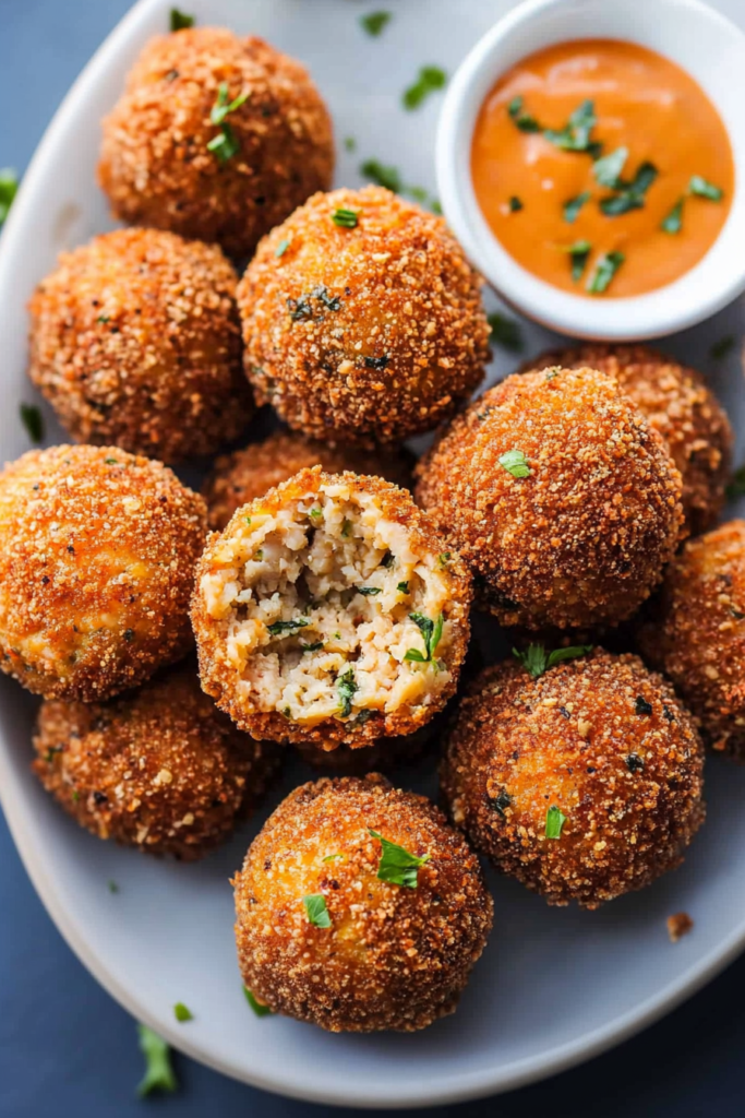 Close-up of fried boudin balls showing crunchy coating and moist interior with herbs.
