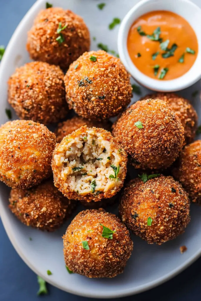 Close-up of fried boudin balls showing crunchy coating and moist interior with herbs.