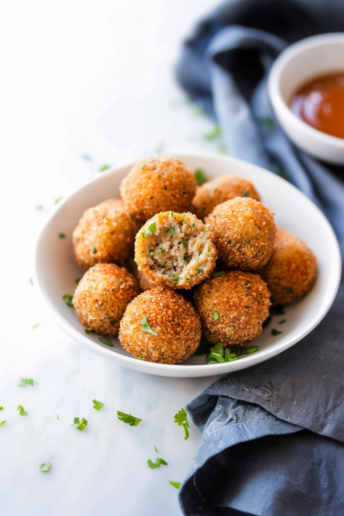 Golden-brown boudin balls served in a white bowl, with one cut open to reveal a savory filling.