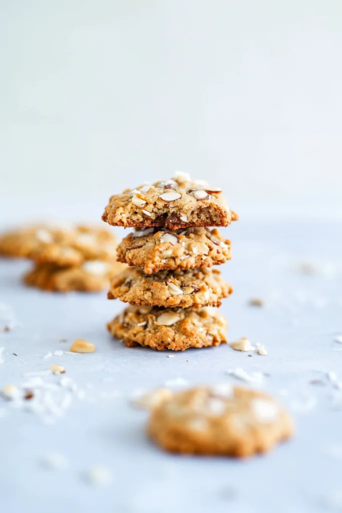 Stack of golden cookies with chocolate chips and almond slices.