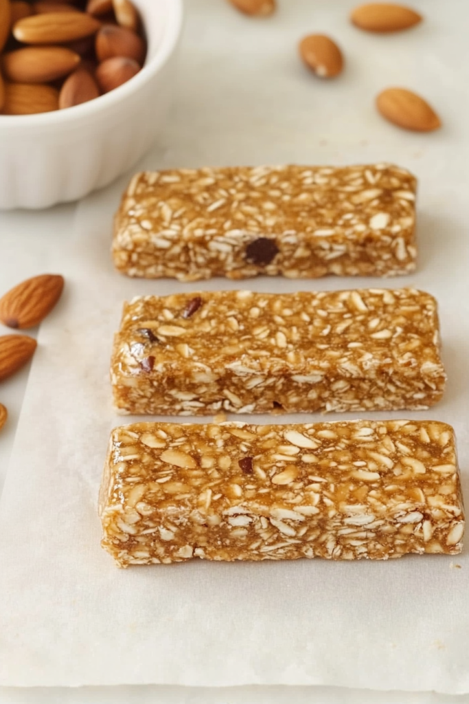 Dense, homemade energy bars with a glossy finish from honey or syrup.
