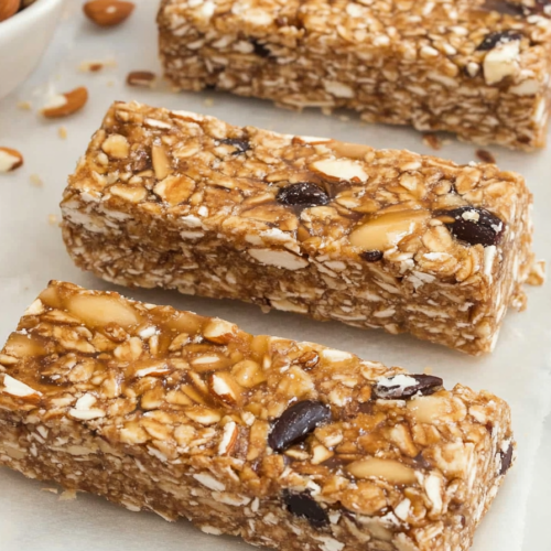 Chewy granola bars with visible oats, almonds, and dark mix-ins on parchment paper.