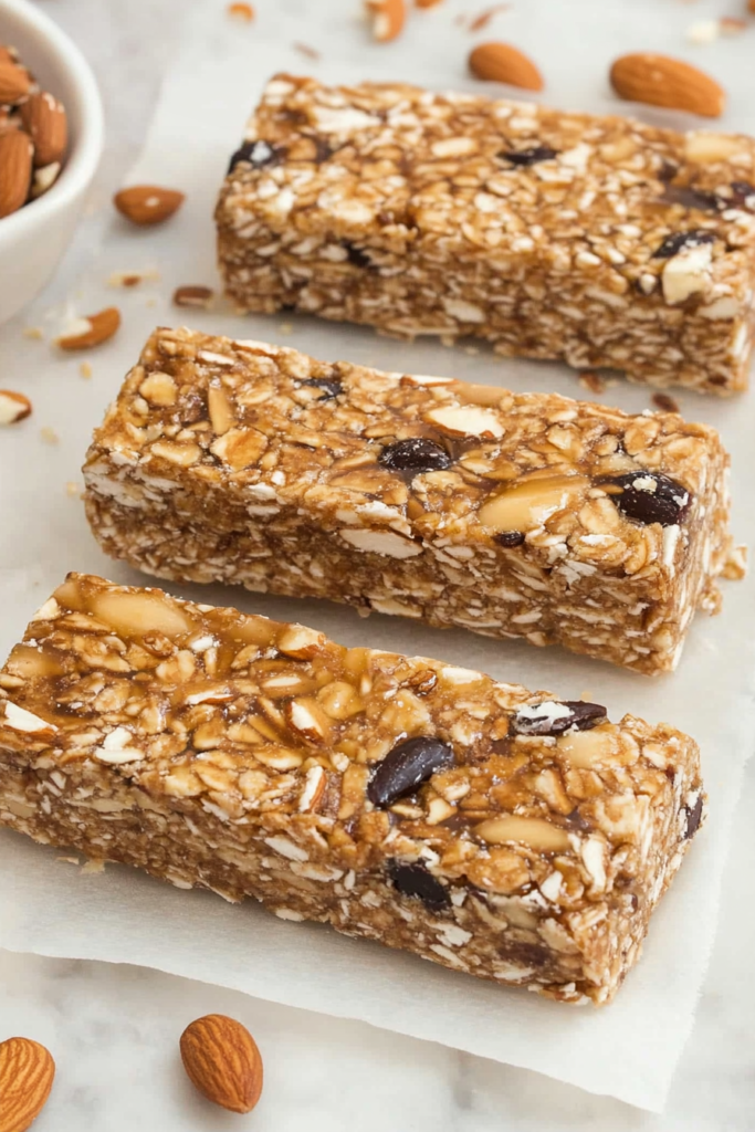 Chewy granola bars with visible oats, almonds, and dark mix-ins on parchment paper.