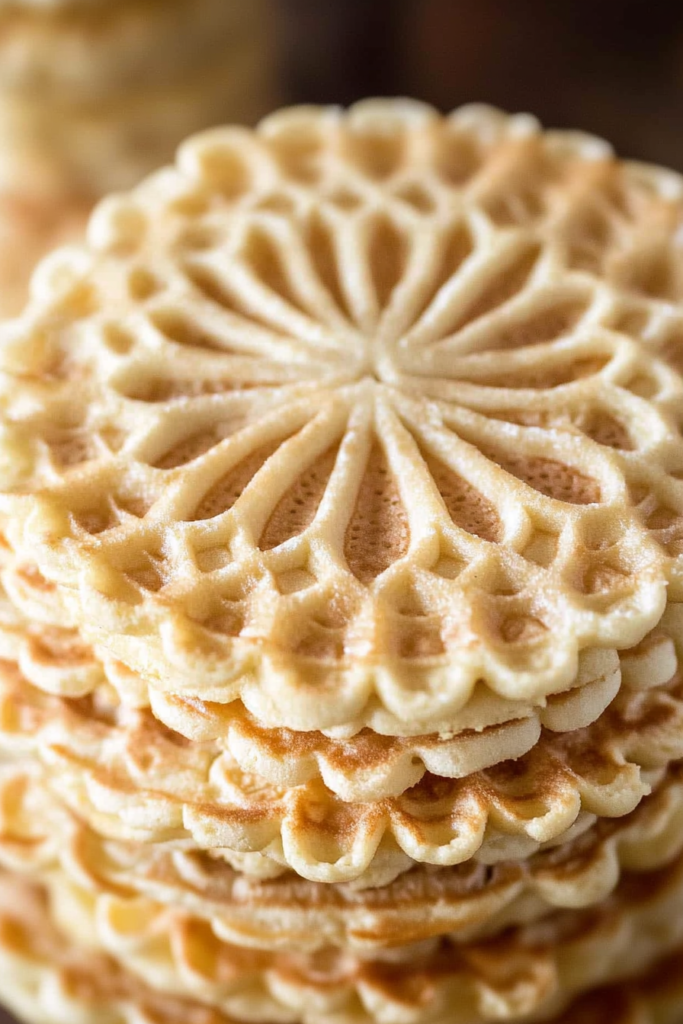Close-up view highlighting the crisp texture and delicate design of traditional pizzelle.