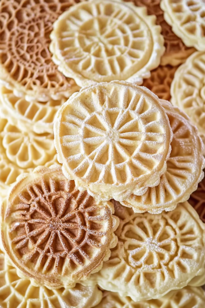 Golden brown pizzelle cookies showing snowflake-like details from the iron press.