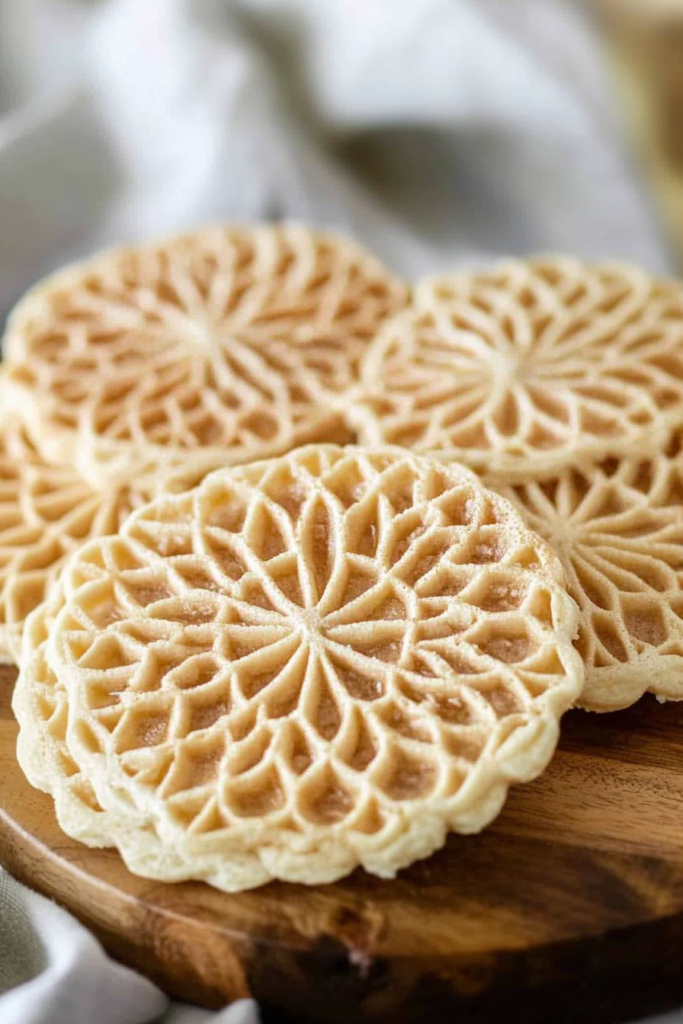 Freshly made pizzelle stacked together, showcasing their lacy surface and crisp edges.