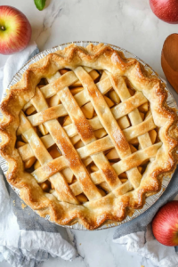 Golden lattice-top pie filled with tender baked apples on a marble surface.