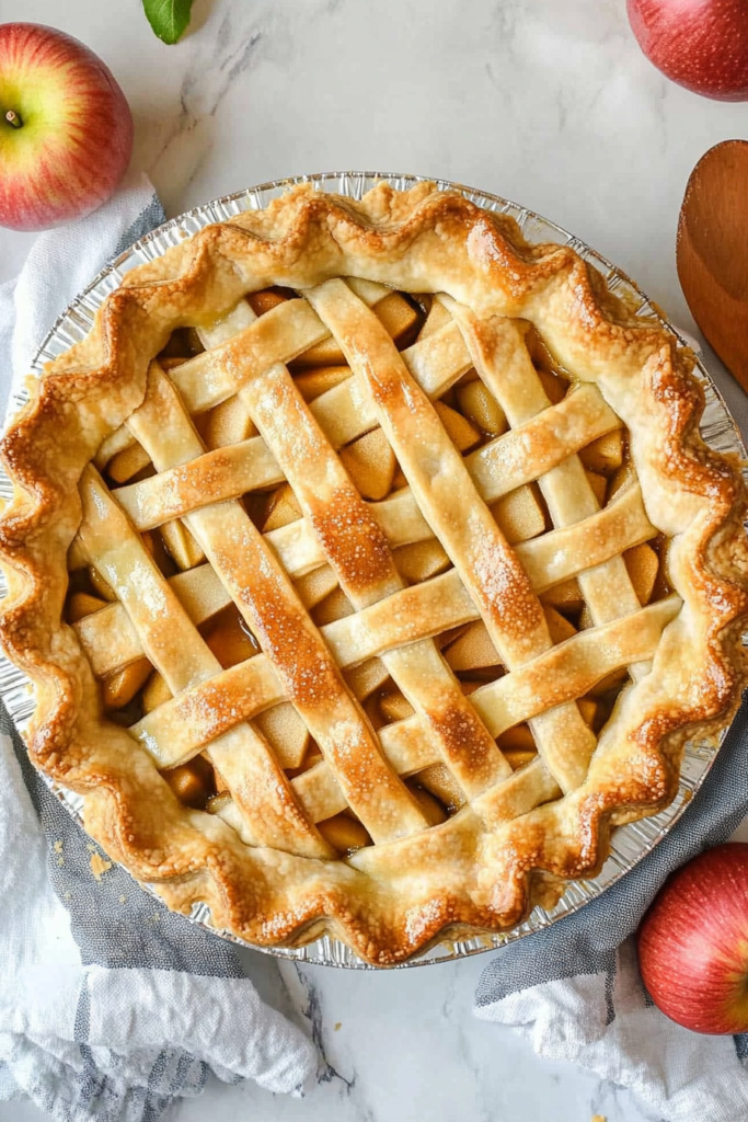 Golden lattice-top pie filled with tender baked apples on a marble surface.