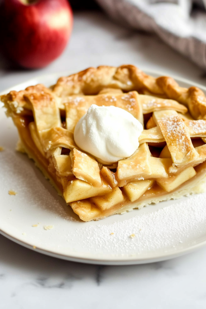 Classic lattice pastry pie with caramelized apple slices inside.