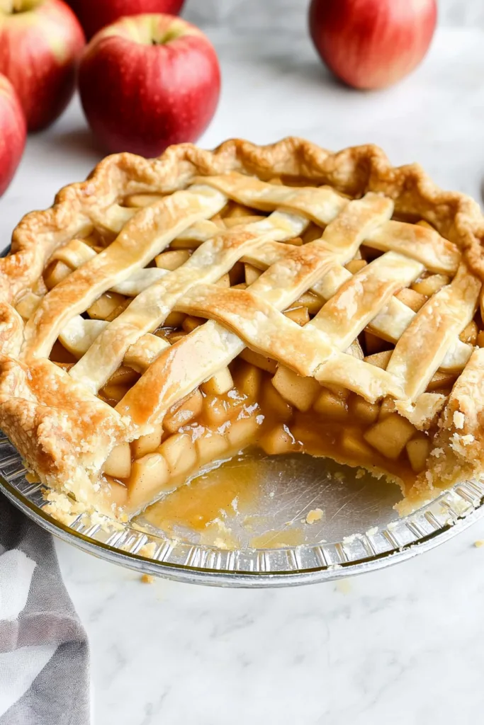 Freshly baked homemade pie with a flaky lattice crust and sweet apple filling.