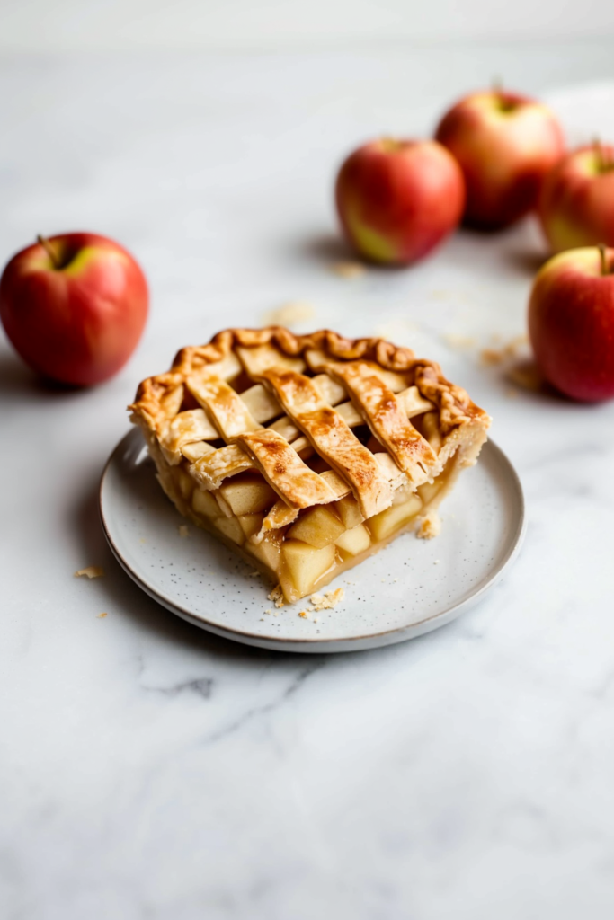 Rustic baked fruit pie with golden crust surrounded by fresh apples.