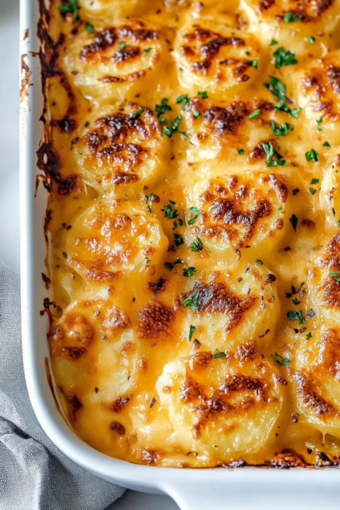 Golden brown cheesy potato bake in a white casserole dish