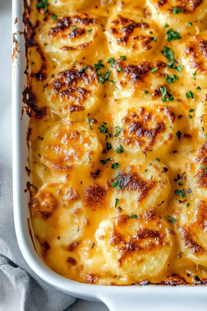 Golden brown cheesy potato bake in a white casserole dish