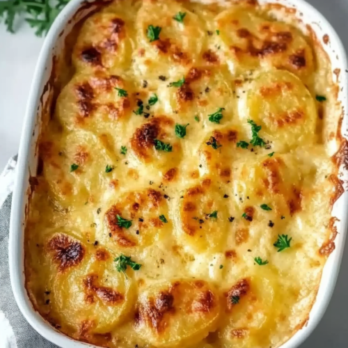 Creamy baked potato casserole with golden melted cheese on top