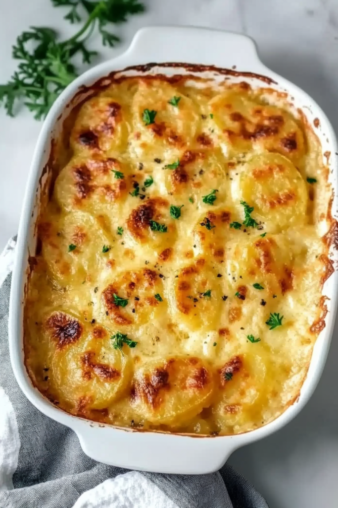 Creamy baked potato casserole with golden melted cheese on top