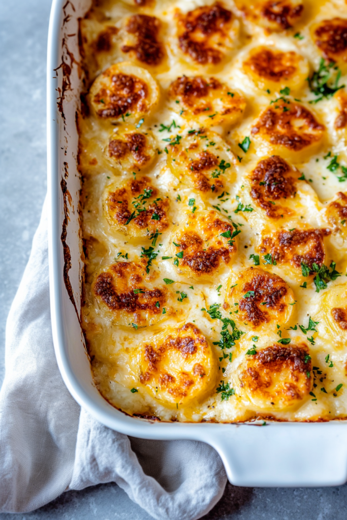 Cheesy layered potatoes fresh from the oven with a crispy browned crust