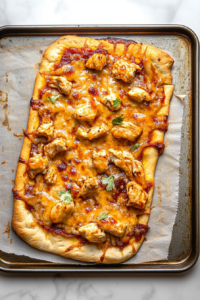 Final presentation of flatbread with savory chicken, melted cheese, and a glossy barbecue sauce finish.