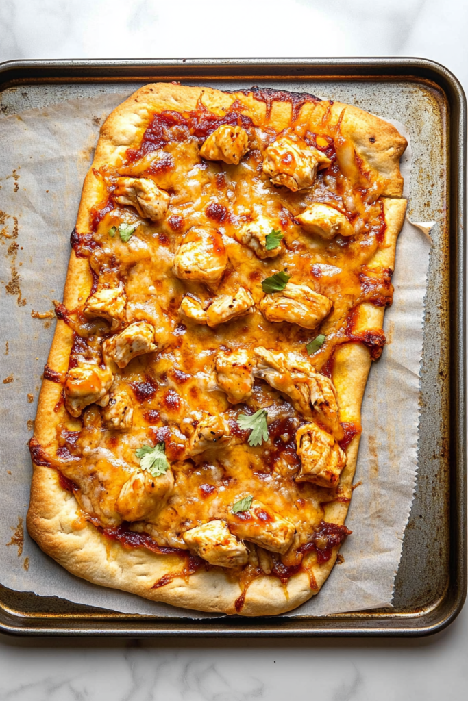Final presentation of flatbread with savory chicken, melted cheese, and a glossy barbecue sauce finish.