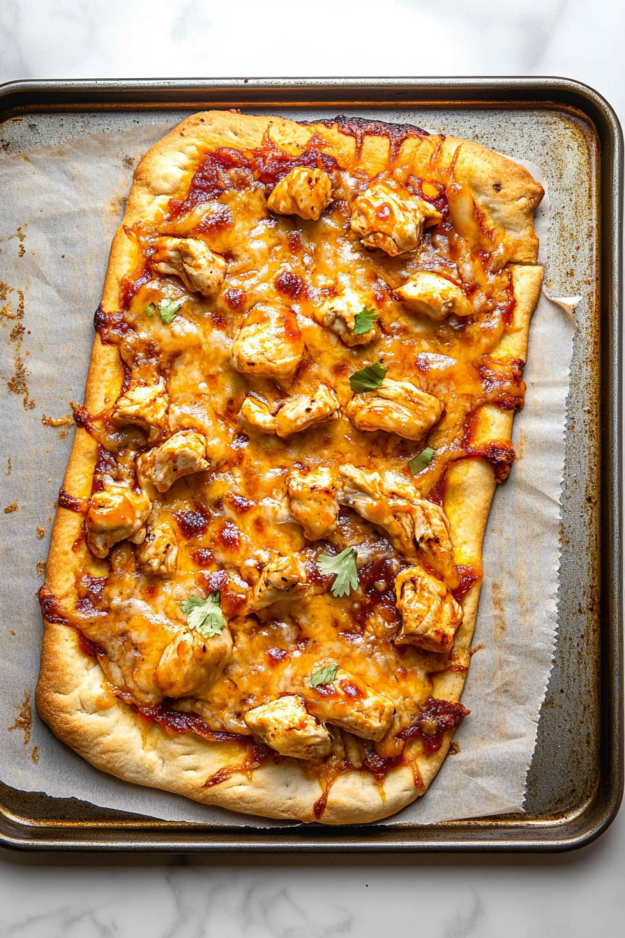 Final presentation of flatbread with savory chicken, melted cheese, and a glossy barbecue sauce finish.