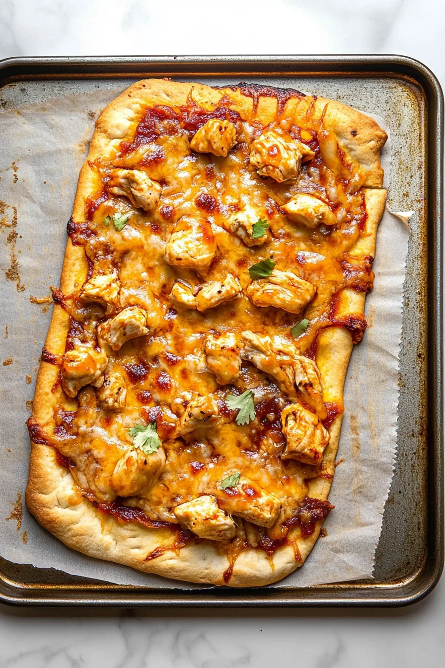 Final presentation of flatbread with savory chicken, melted cheese, and a glossy barbecue sauce finish.