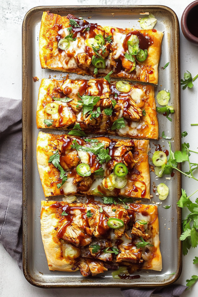 Rectangular slices of flatbread topped with grilled chicken, melted cheese, barbecue drizzle, and fresh herbs on a wooden board.