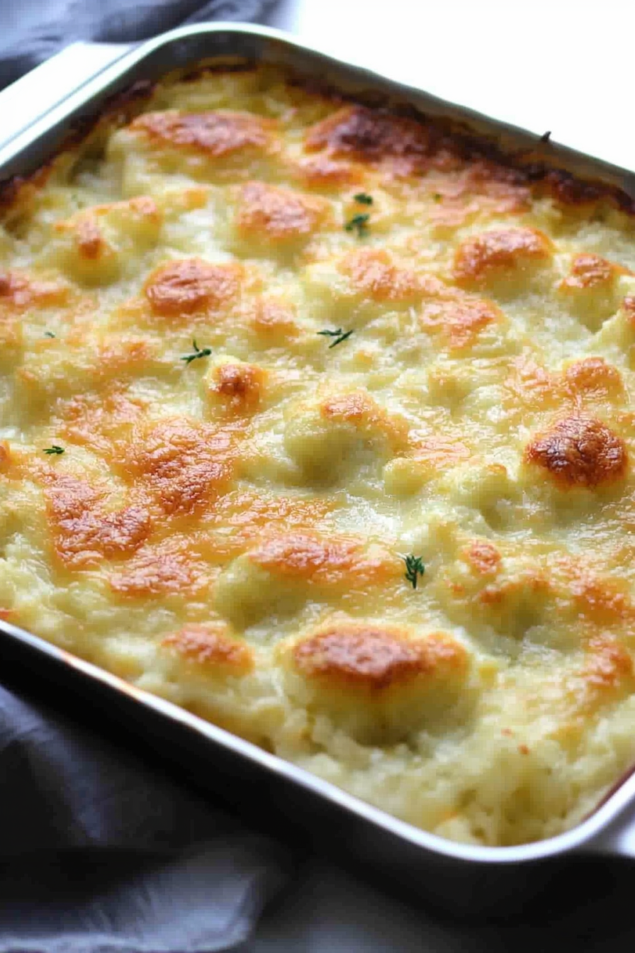 Rectangular baking pan filled with creamy cauliflower casserole, topped with golden, bubbly cheese and fresh herbs.