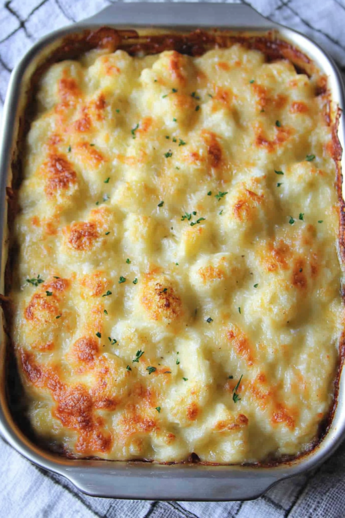 Freshly baked dish showcasing melted cheese over tender cauliflower, garnished with sprigs of thyme.