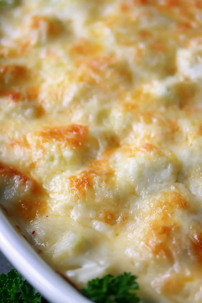 Close-up of baked casserole with layers of cauliflower and sauce beneath a crisp, browned cheese crust.