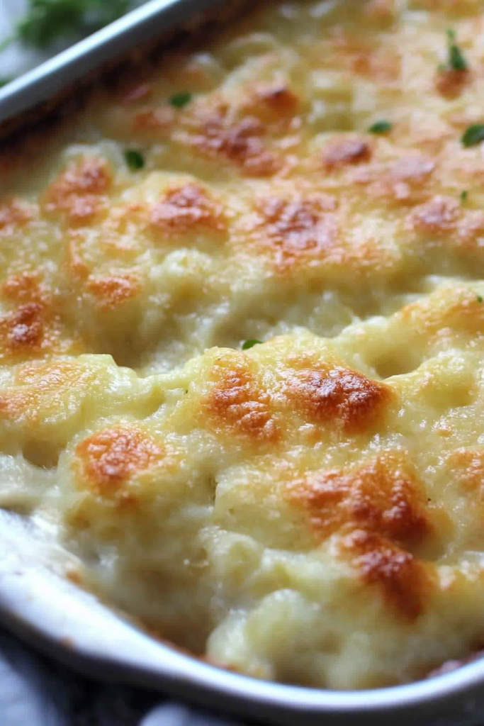 Final presentation of casserole in a metal pan, highlighting the golden topping and creamy texture inside.