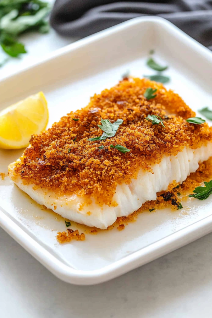 Tender baked fish with a crispy golden crust plated with lemon on the side.