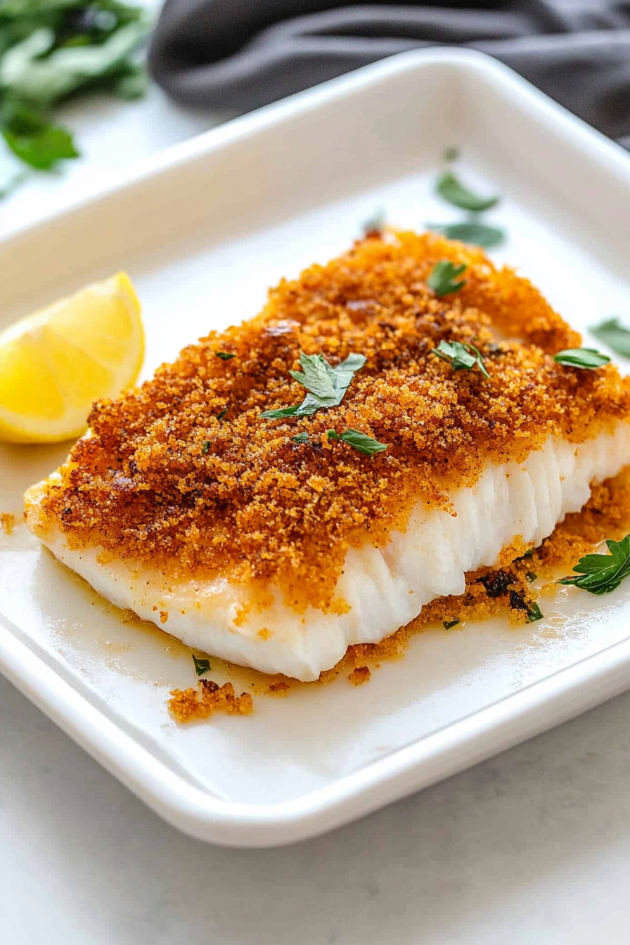 Tender baked fish with a crispy golden crust plated with lemon on the side.