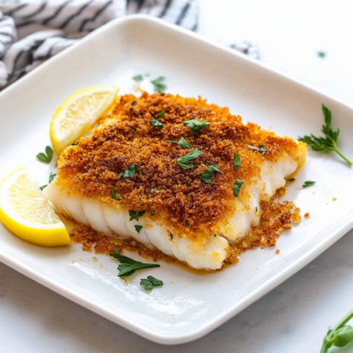 Oven-baked cod fillet with toasted crumb topping and fresh parsley garnish.
