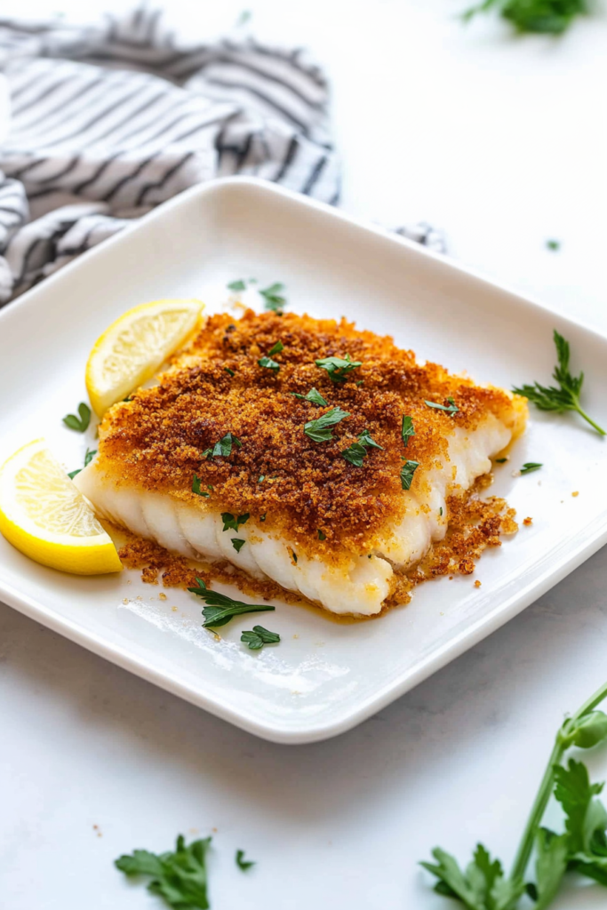 Oven-baked cod fillet with toasted crumb topping and fresh parsley garnish.