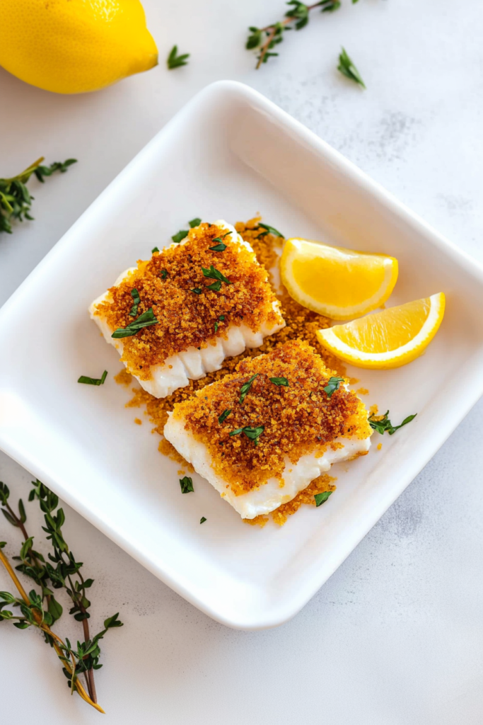 Flaky white fish fillet topped with a crunchy buttery cracker topping.