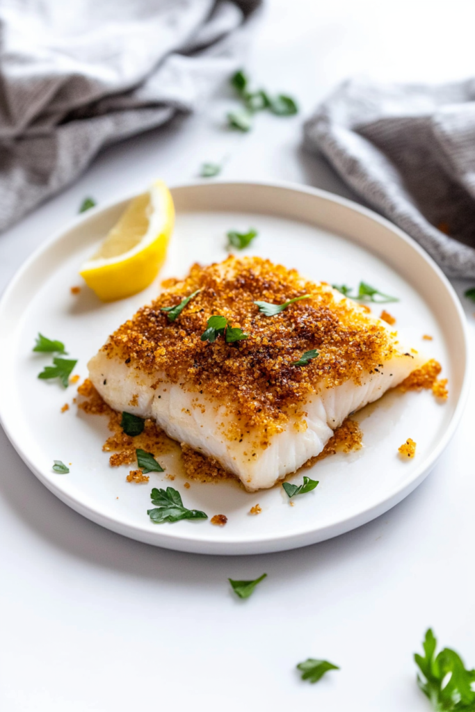Crispy baked cod with golden cracker crust served with a lemon wedge.