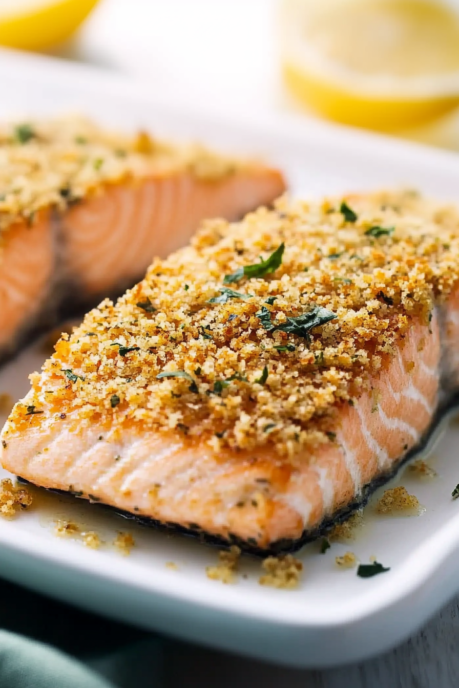 Close-up of baked salmon with crunchy panko topping, garnished with parsley and lemon slices.