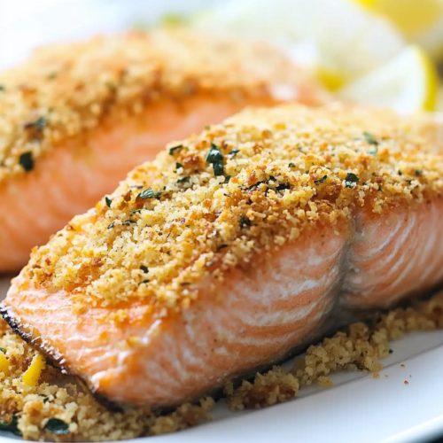 Golden salmon fillets topped with crispy breadcrumb crust and fresh herbs on a white plate.