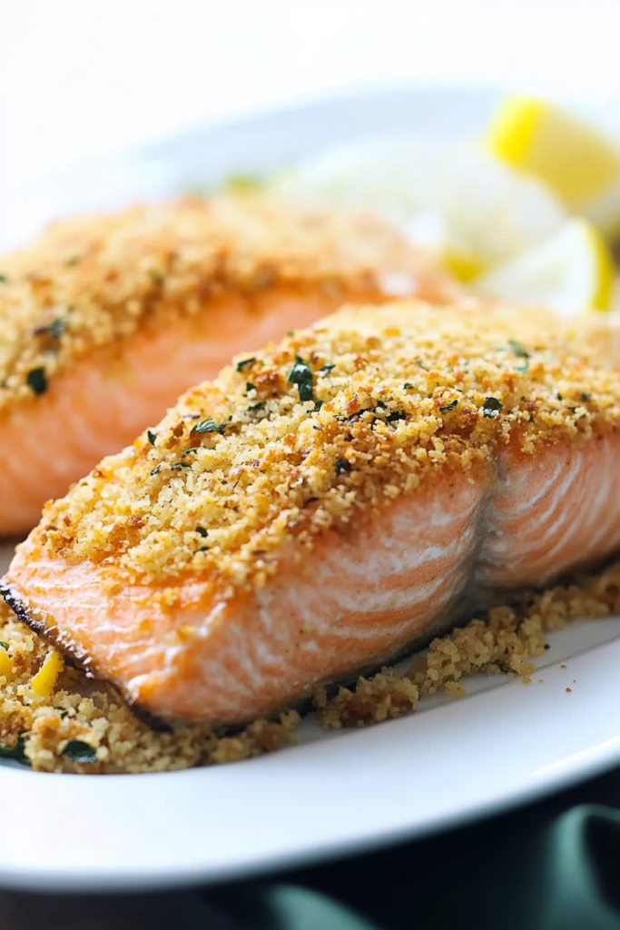 Golden salmon fillets topped with crispy breadcrumb crust and fresh herbs on a white plate.