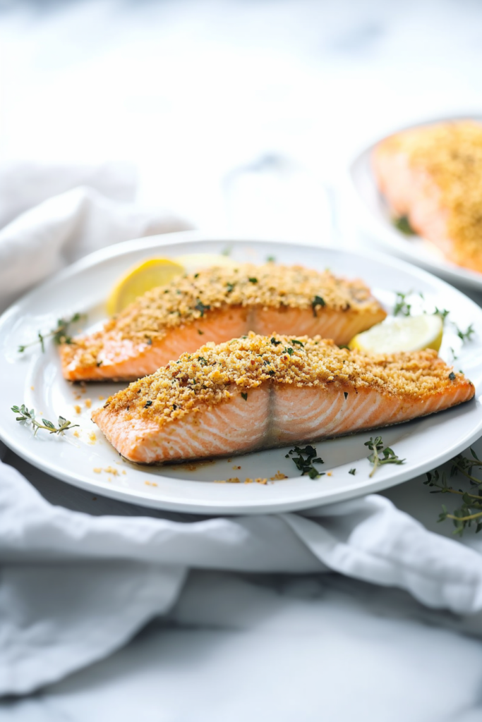 Baked Panko-Crusted Salmon plated simply, showing golden topping and vibrant garnish.