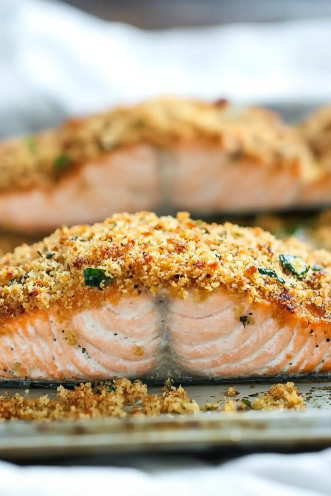 Tender salmon served with a golden crust, highlighting the contrast of flaky fish and crisp topping.