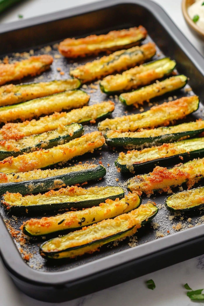 Crispy oven-roasted zucchini fries topped with grated parmesan and fresh herbs.
