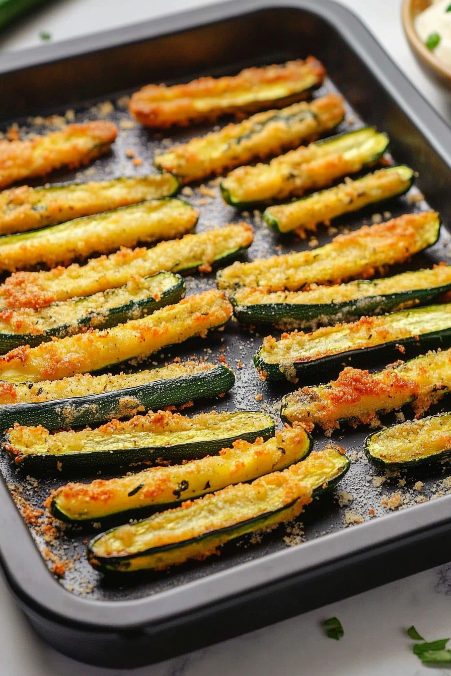 Crispy oven-roasted zucchini fries topped with grated parmesan and fresh herbs.