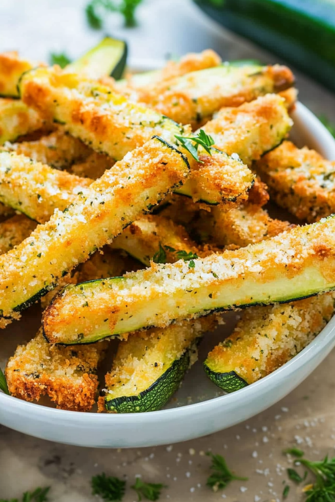 Bowl of crunchy baked zucchini sticks with a cheesy breadcrumb coating.