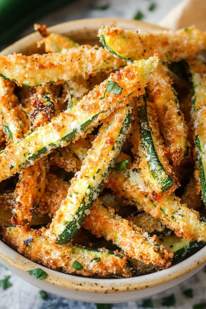 Homemade zucchini fries with a crispy parmesan crust ready to serve.