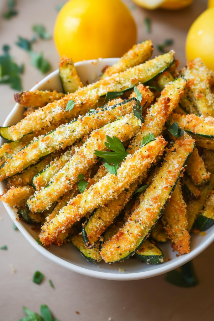 Golden baked zucchini sticks coated with parmesan and breadcrumbs served in a bowl.