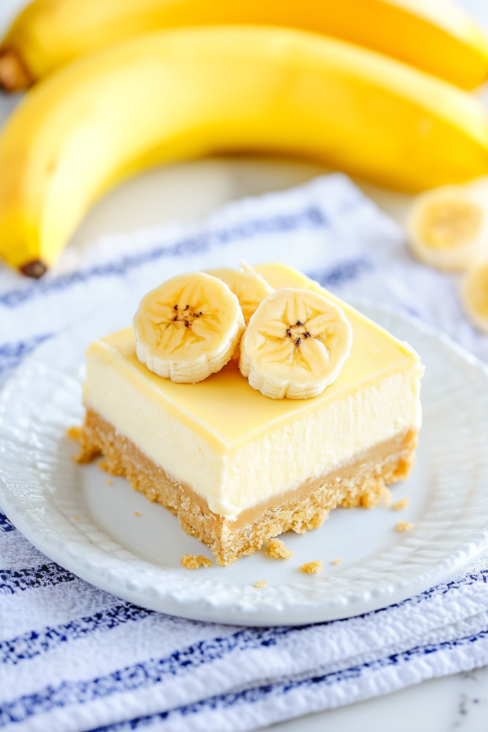 Rich and velvety cheesecake slices garnished with whipped cream and bananas