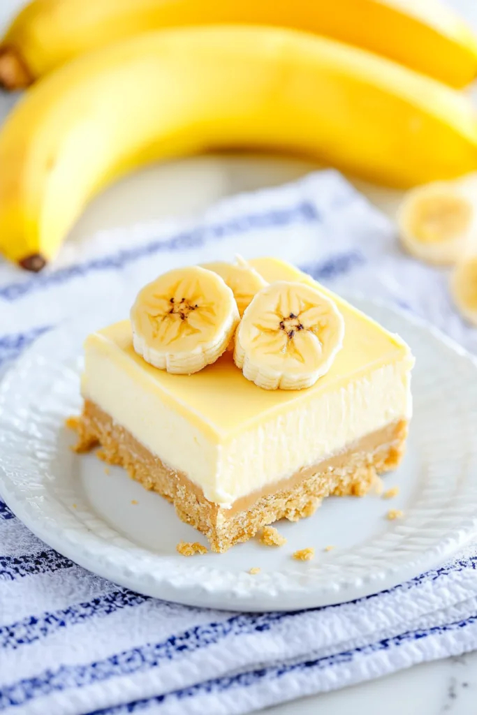 Rich and velvety cheesecake slices garnished with whipped cream and bananas